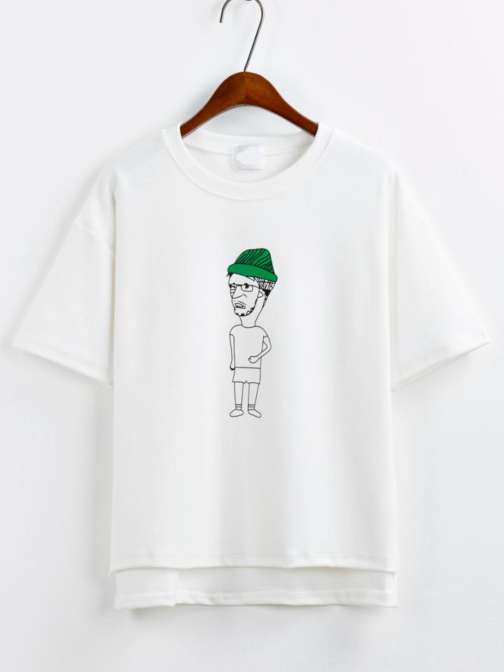 Shein Dip Hem Cartoon Print White T-shirt