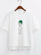 Shein Dip Hem Cartoon Print White T-shirt