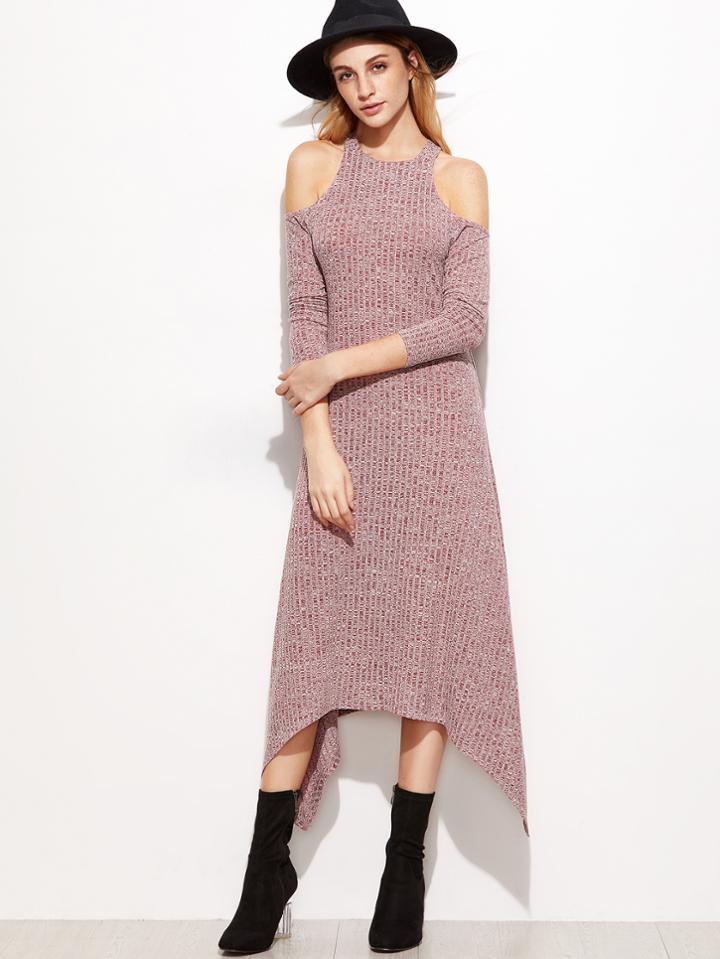 Shein Burgundy Heathered Cold Shoulder Ribbed Asymmetric Dress