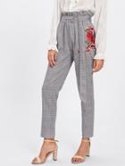 Shein Rose Patch Plaid Peg Pants With O-ring Belt