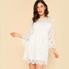 Shein Trumpet Sleeve Eyelet Lace Scallop Dress