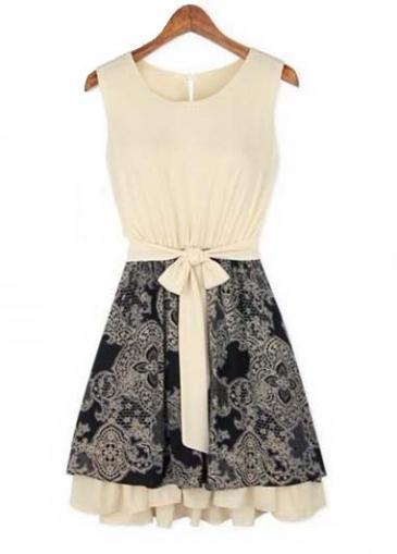 Rosewe Vintage Round Neck Sleeveless Print Chiffon Dress With Belt