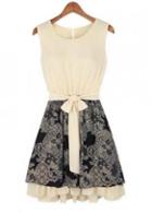 Rosewe Vintage Round Neck Sleeveless Print Chiffon Dress With Belt