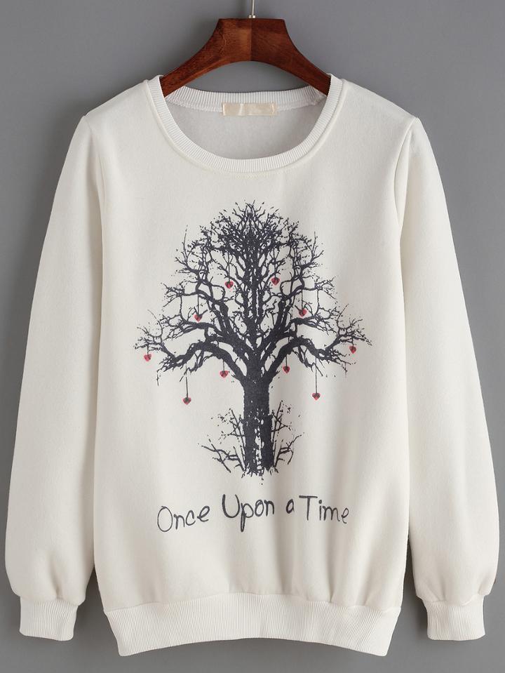 Shein White Round Neck Trss Print Sweatshirt