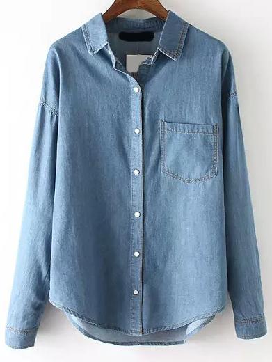Shein Blue Lapel Long Sleeve Pocket Denim Blouse