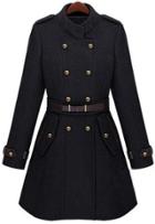 Shein Black Double Breasted Banded Collar Belt Woolen Coat