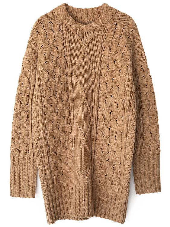 Shein Khaki Crew Neck Diamondback Chunky Sweater
