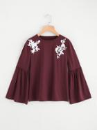 Shein Flower Applique Fluted Sleeve Heather Knit Tee