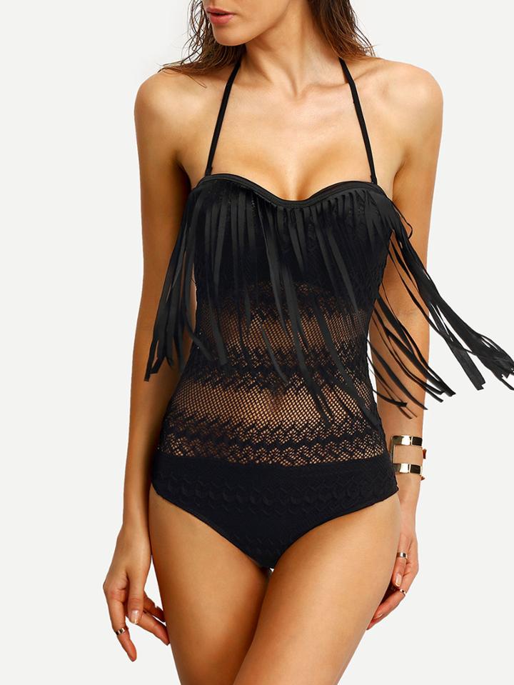 Shein Halter Lace Insert Fringe One-piece Swimwear - Black