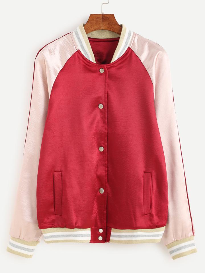 Shein Contrast Raglan Sleeve Striped Trim Baseball Jacket
