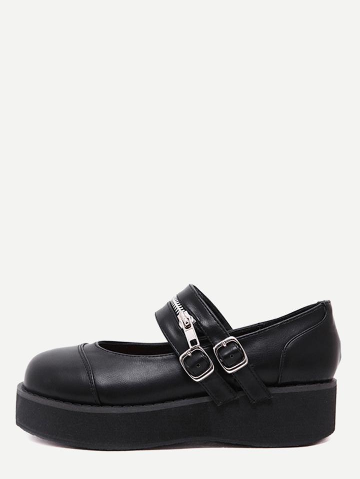 Shein Black Faux Leather Double Strap Mary Jane Shoes