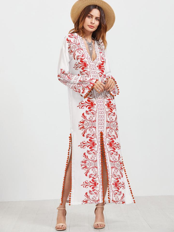 Shein Plunging V Neck Pom Pom Trim Slit Dress