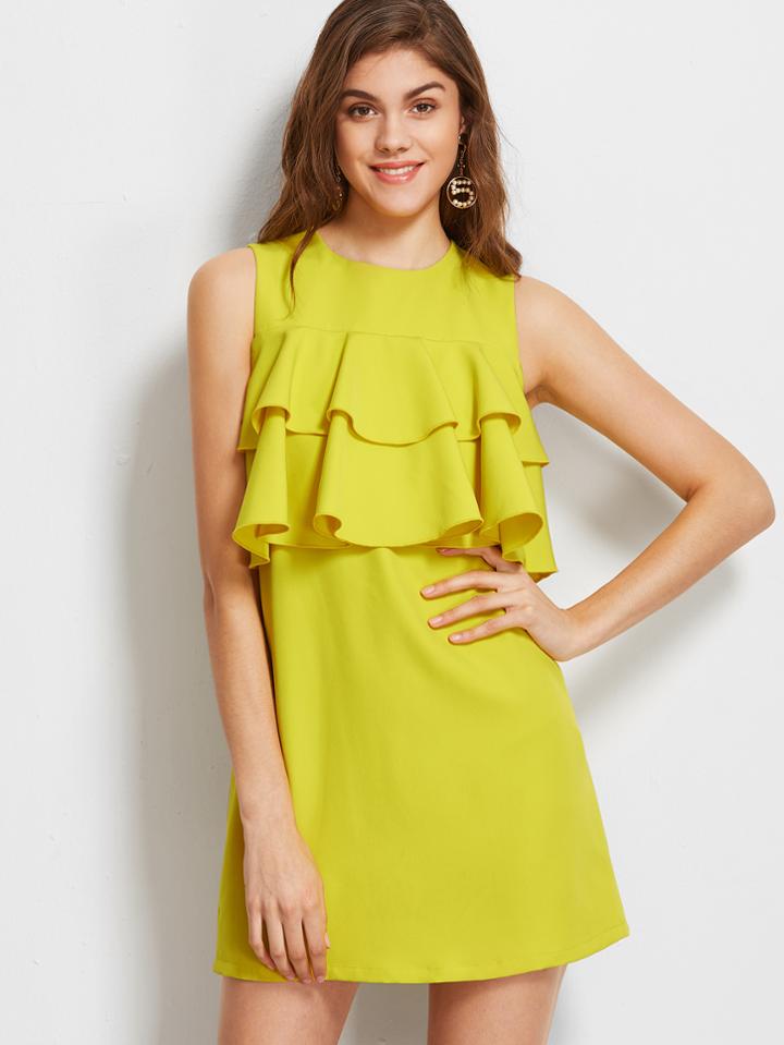 Shein Layered Ruffle Trim Buttoned Keyhole Back Sleeveless Dress