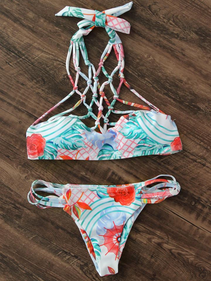 Shein Floral Print Ladder Cutout Strappy Bikini Set