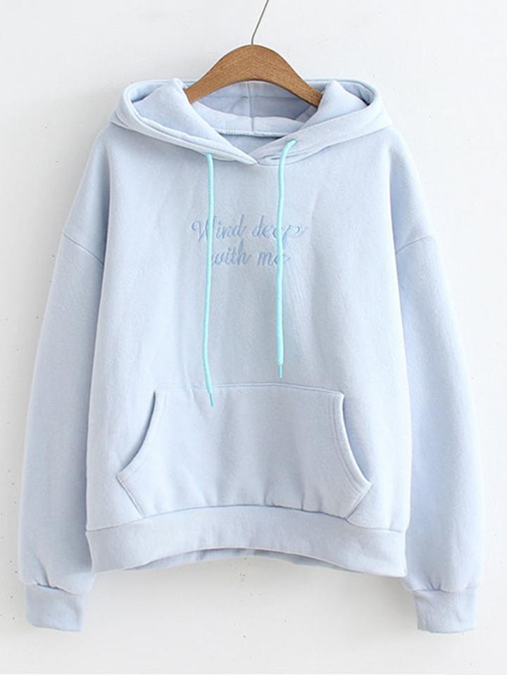 Shein Slogan Embroidery Kangaroo Pocket Hoodie