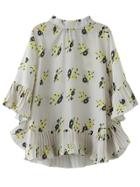 Shein Multicolor Pleated Bell Sleeve Flowers Print Chiffon Blouse