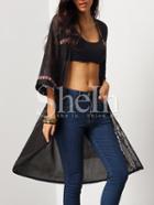 Shein Black Embroidery Lace Insert Long Coat