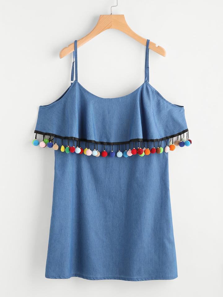 Shein Flounce Layered Pom Pom Trim Cami Dress