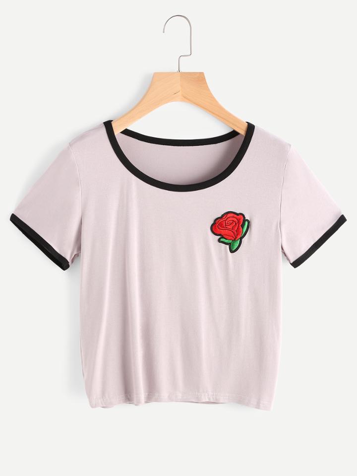 Shein Rose Patch Contrast Trim Tee