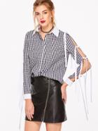 Shein Black And White Gingham Contrast Trim Tied Split Sleeve Blouse