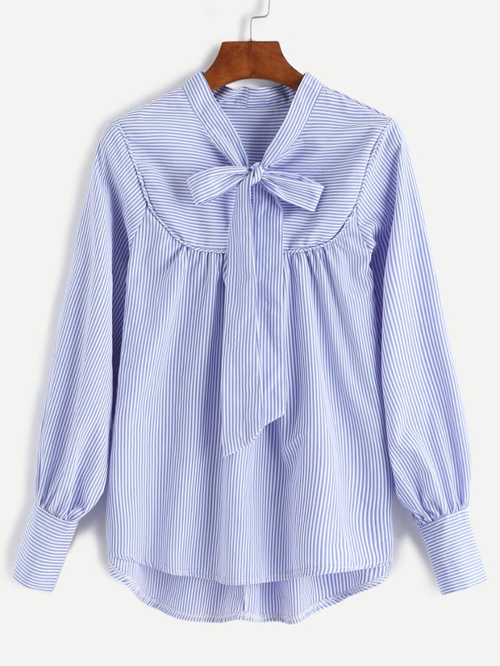 Shein Blue Striped Bow Tie Neck Dip Hem Blouse