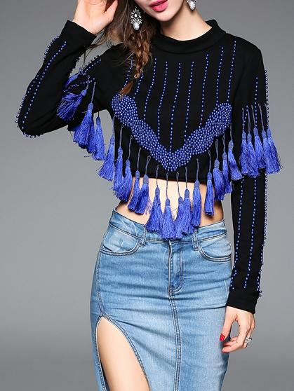 Shein Blue Crew Neck Beading Tassel Blouse
