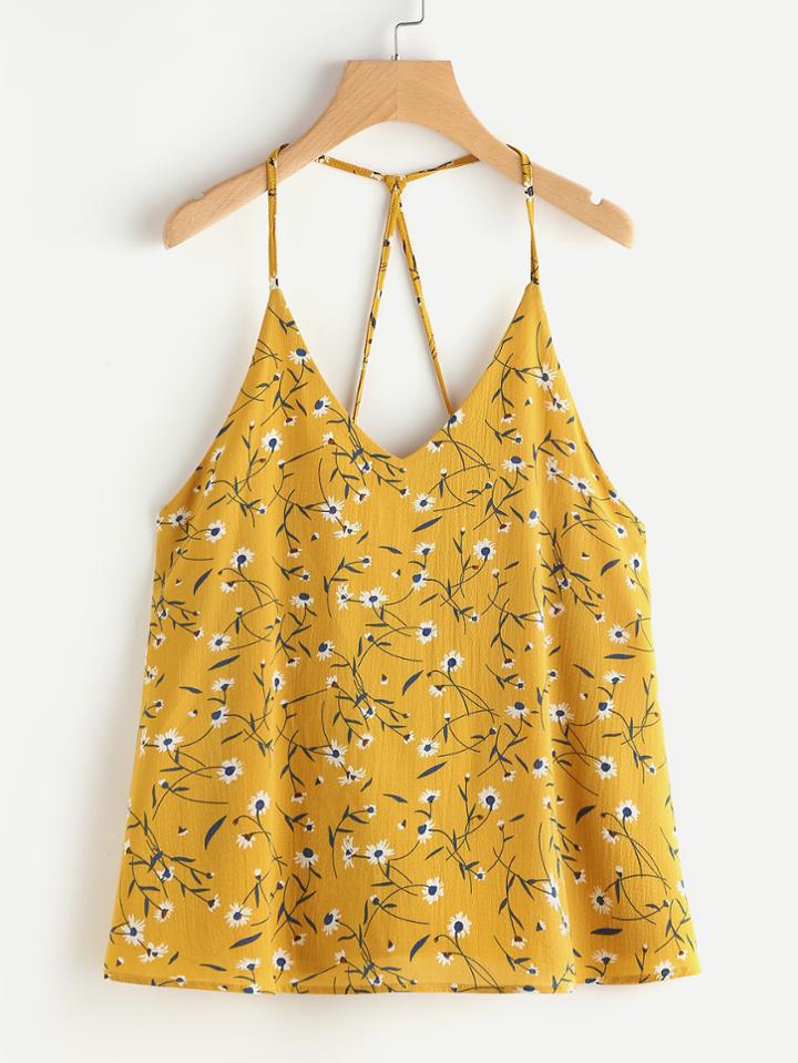 Shein Ditsy Print Strappy Open Back Top