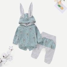 Shein Toddler Boys Rabbit Face Print Hoodie With Pocket Front Pants