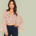 Shein Pleated Bell Sleeve Knot Floral Top