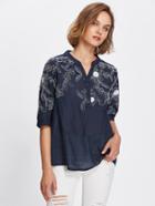 Shein Flower Embroidered V Neckline Button Front Blouse