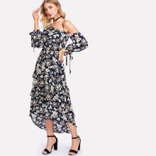 Shein Asymmetric Shoulder Layered Ruffle Botanical Dress