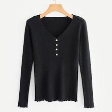 Shein Lettuce Trim Button Front Ribbed Sweater
