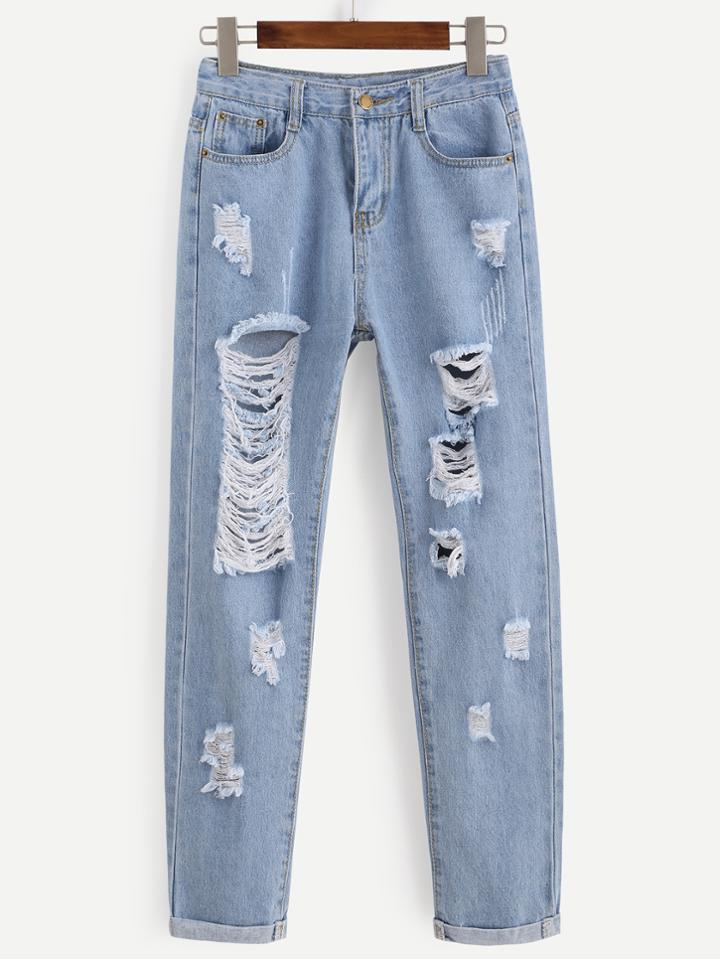 Shein Blue Distressed Roll Hem Jeans