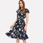 Shein Flutter Sleeve Self Belted Ruffle Hem Dress