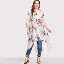 Shein Plus Floral Print Dip Hem Blouse