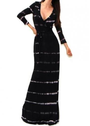 Rosewe V Neck Three Quarter Sleeve Black Maxi Dress