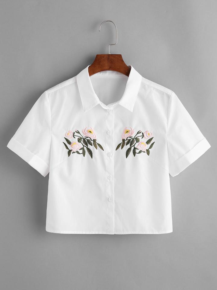 Shein Flower Embroidered Roll Cuff Crop Blouse
