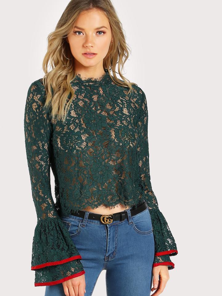 Shein Contrast Trim Bell Cuff Lace Top