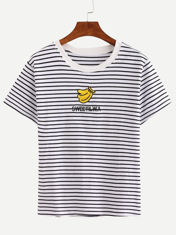 Shein Striped Banana Embroidered T-shirt