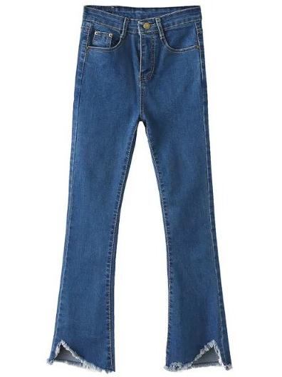 Shein Blue Pockets Miter Fringe Slim Denim Pants