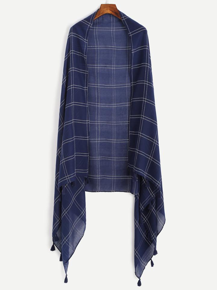 Shein Navy Plaid Tassel Trim Scarf