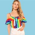 Shein Knot Front Cold Shoulder Rainbow Stripe Top
