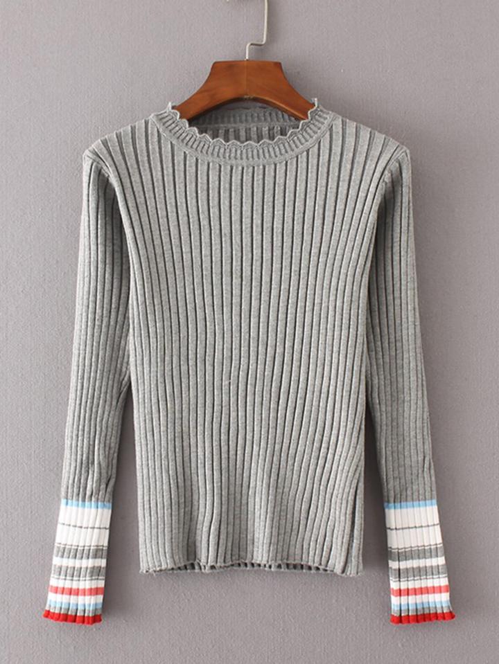 Shein Striped Sleeve Ribbed Knit Sweater