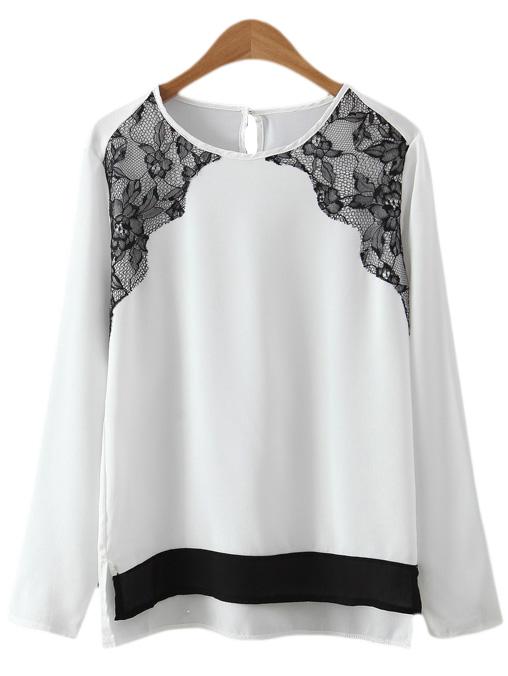 Shein White Long Sleeve Lace Splicing Blouse