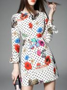 Shein White Bell Sleeve Polka Dot Floral Dress