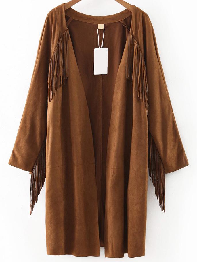 Shein Khaki Open Front Fringe Detail Suede Coat