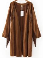 Shein Khaki Open Front Fringe Detail Suede Coat