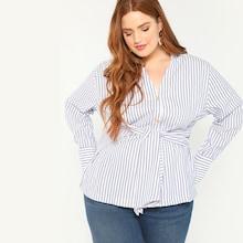 Shein Plus Tie Front Pinstripe Blouse