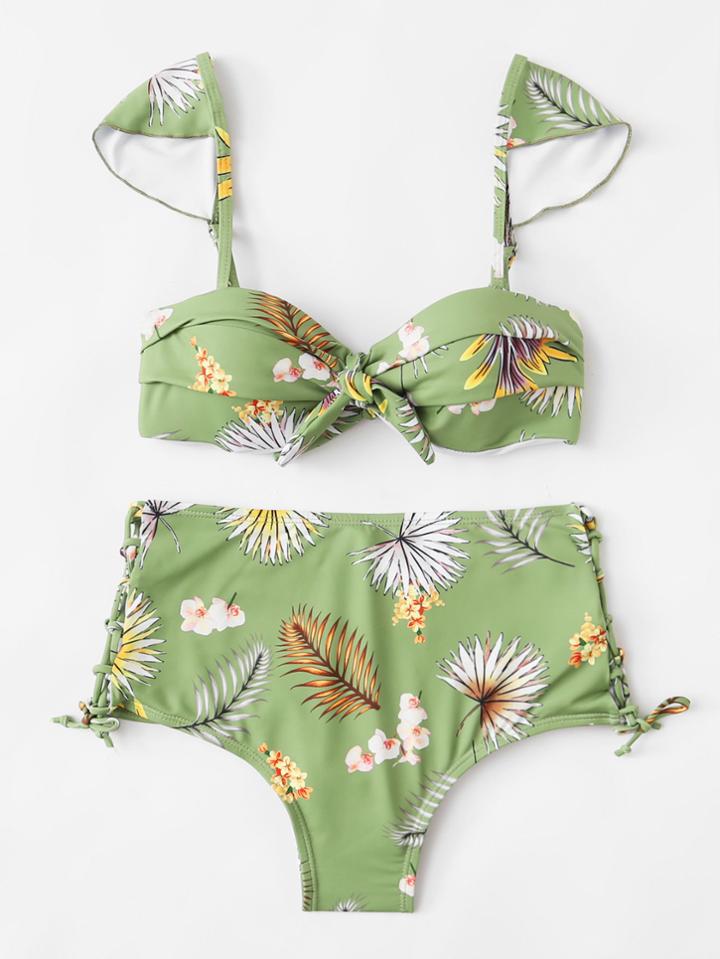 Shein Leaf Print Ruched Bikini Set