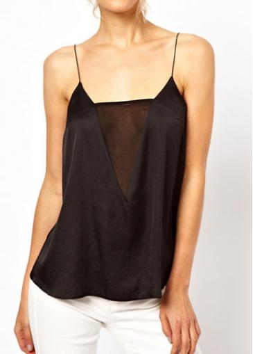 Rosewe Sheer Mesh Splicing Black Camisole Top
